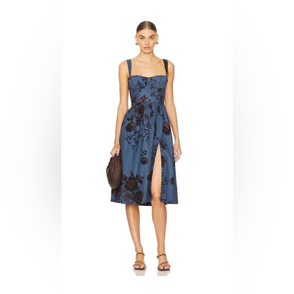 FREE PEOPLE Laters Baby Midi Dress in Storm blue and brown Combo Size Small